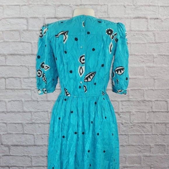 Vintage 80s Silk Floral Polka Dot Dress 8 - Picture 3 of 13